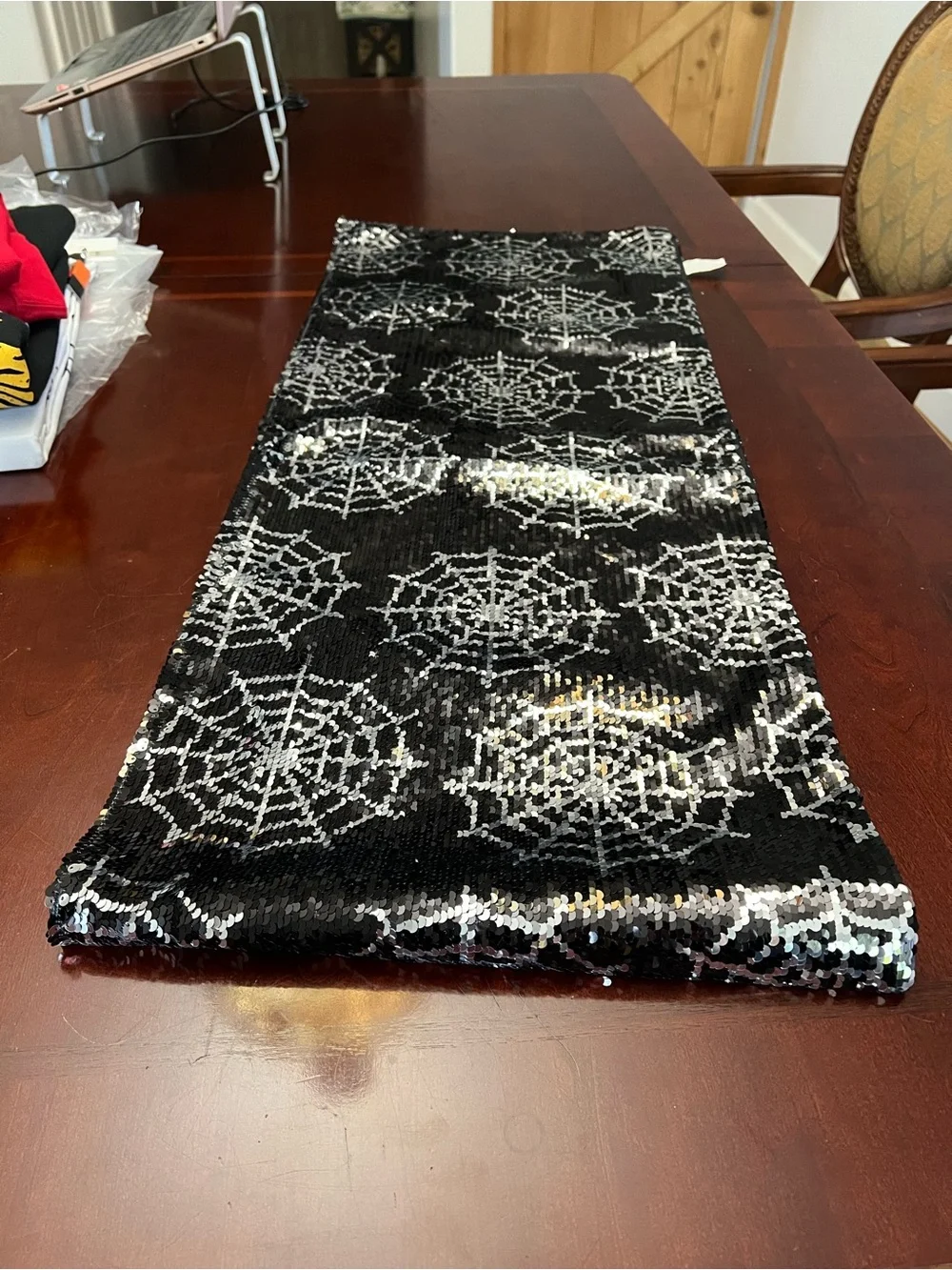 Black & Silver Sequined Spider Web Table Runner - Holiday & Party Accent